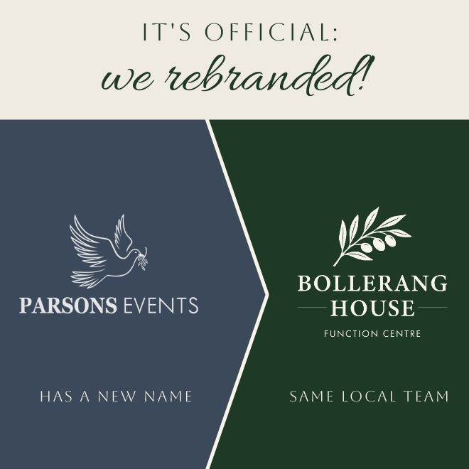 Announcement image showing that Parsons Events has a new name—now Bollering House Function Centre. Left: dove logo with "Parsons Events - has a new name." Right: olive branch with "Bollering House - same local team for south coast weddings.