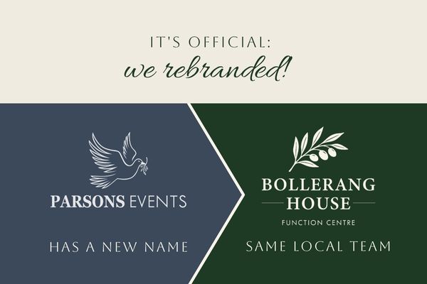 Announcement graphic introducing Bollerang House Function Centre, formerly Parsons Events. Message: "It's official: we've rebranded! Same local team." Logos and colour blocks showcase the transition from Parsons Events to Bollerang House.