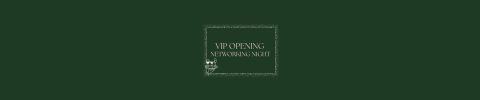 Dark green graphic with a rectangular frame in the centre. Inside, text reads "VIP OPENING NETWORKING NIGHT" at Bollerang House. A small, illustrated cocktail glass with a garnish sits in the lower left corner of the frame.