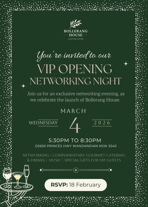 Dark green invitation for Bollerang House’s VIP Opening Networking Night on 4 March 2026, from 5:30–8:30 pm. Features RSVP info, event details, and festive decorations like glasses and dotted borders to celebrate this exclusive VIP opening.